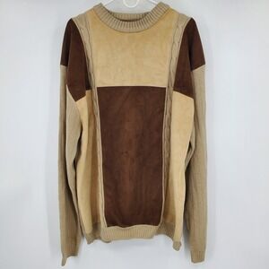 Peletti Mens 4XL Faux Suede Colorblock Cable Knit Crewneck Sweater Brown Tan Y2k
